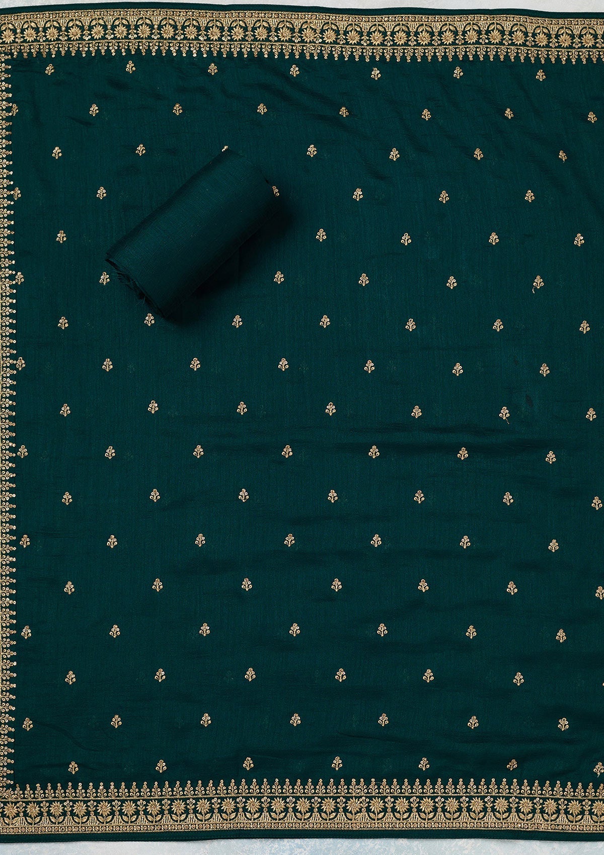 Bottle Green Zariwork (Gold) Soft Raw Silk Unstitched Salwar Suit