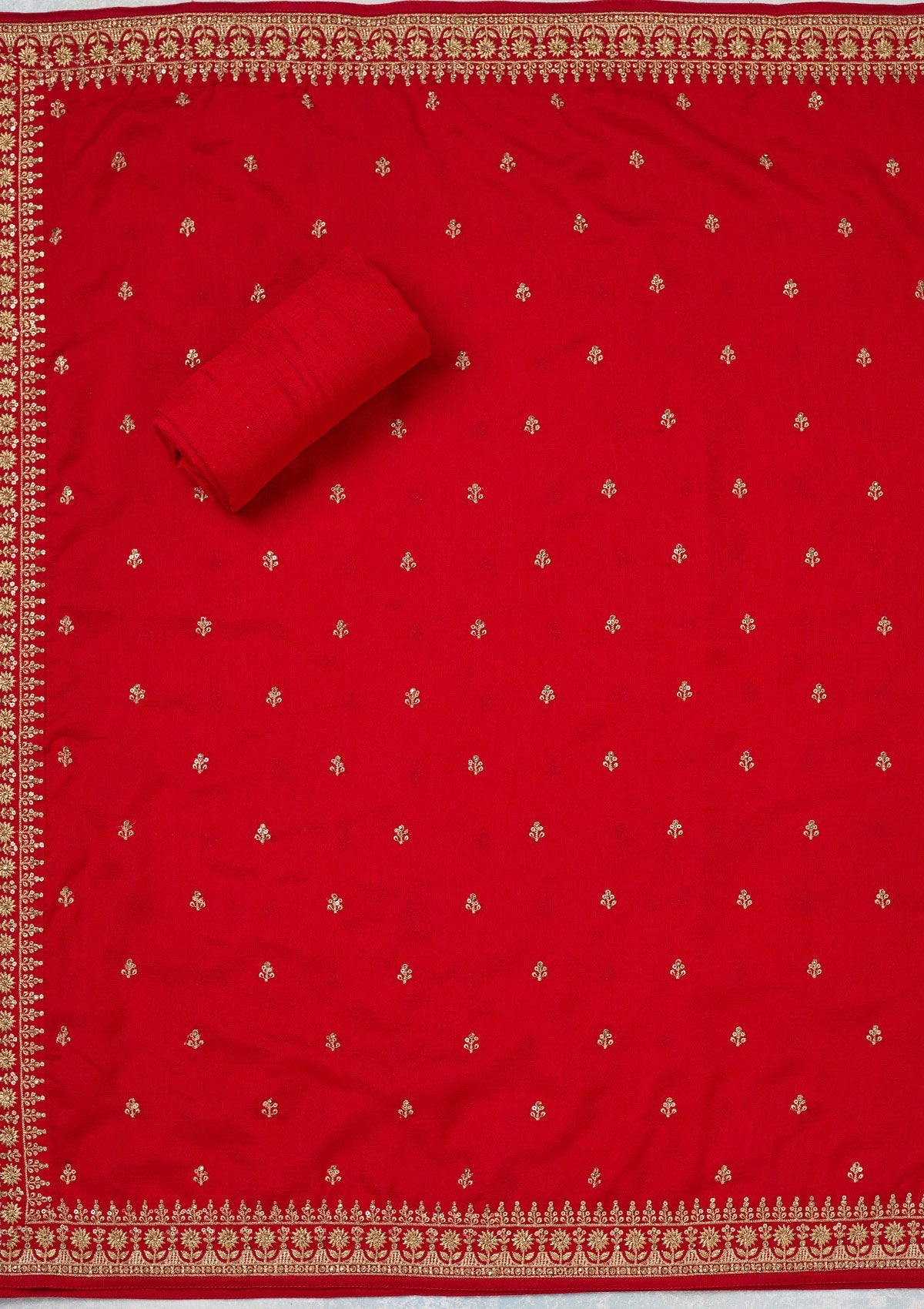 Red Zariwork (Gold) Soft Raw Silk Unstitched Salwar Suit
