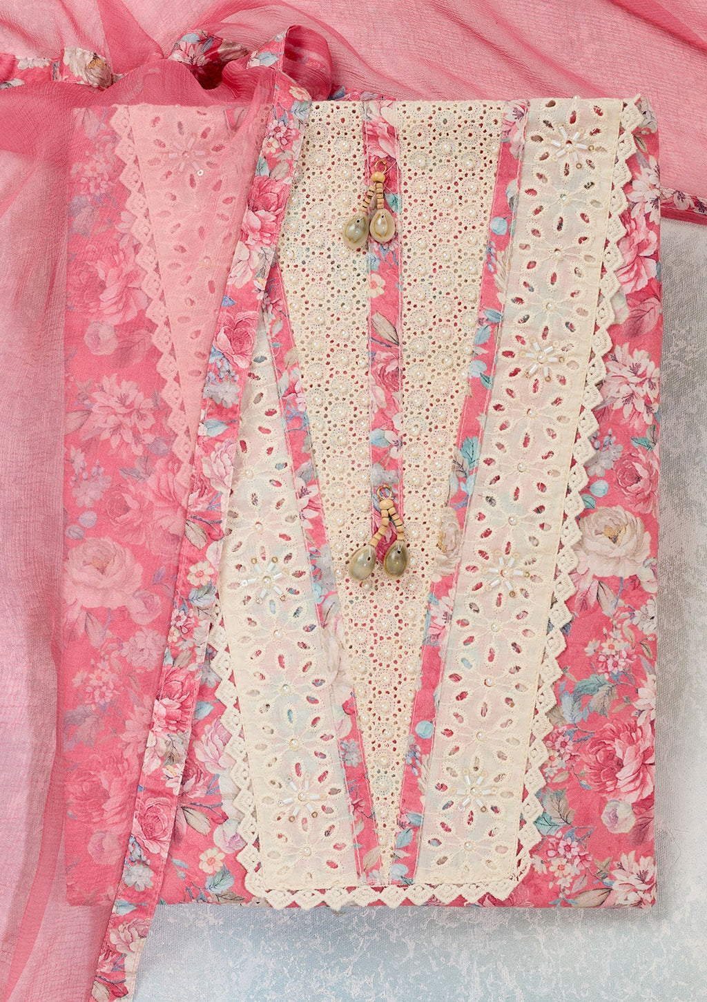 Pink Threadwork Cotton Unstitched Salwar Suit