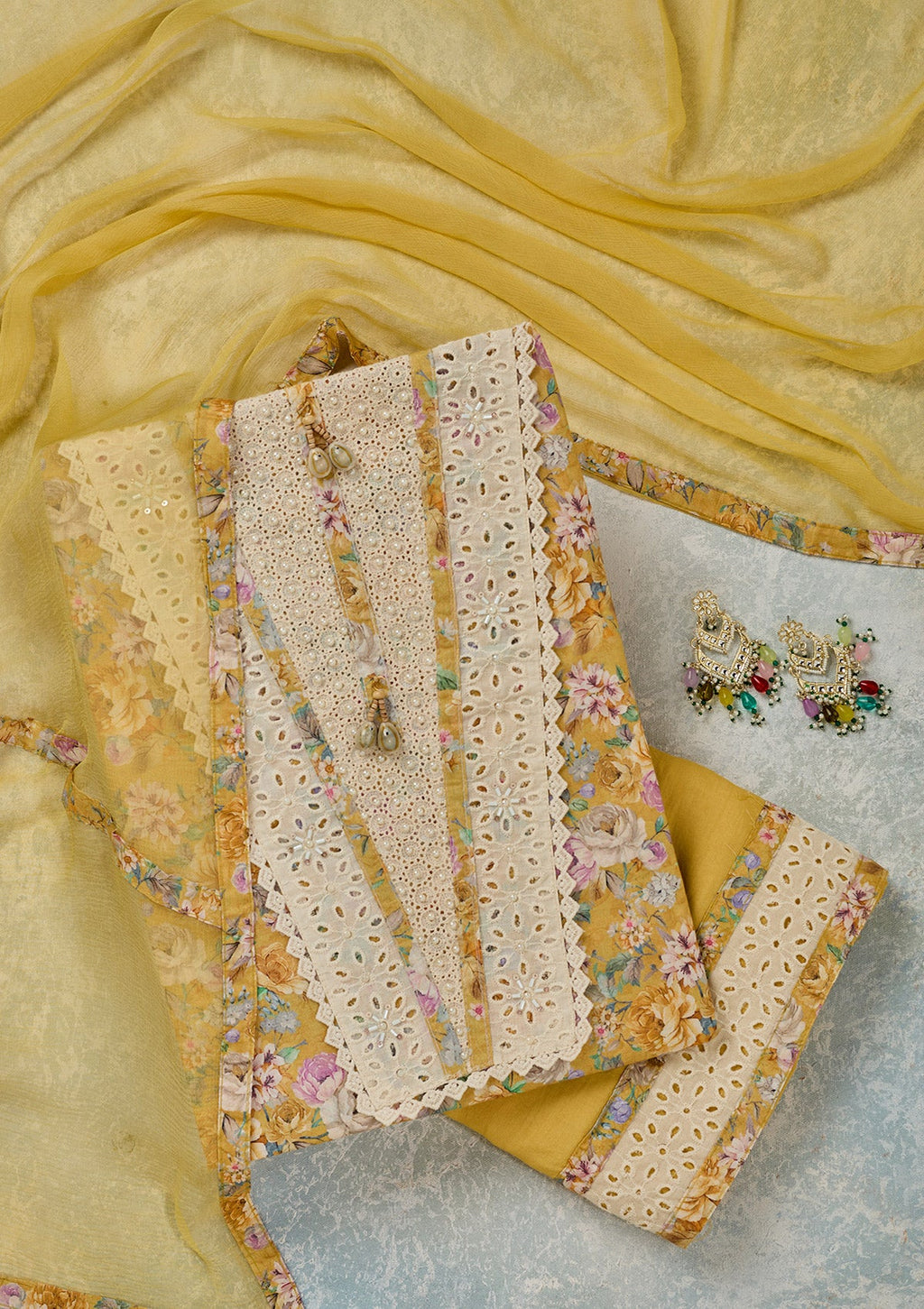 Yellow Threadwork Cotton Unstitched Salwar Suit