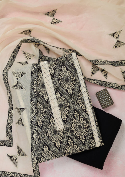 Cream Threadwork Cotton Unstitched Salwar Suit
