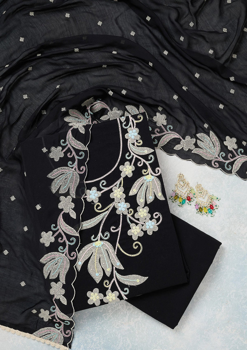Black Threadwork Cotton Unstitched Salwar Suit