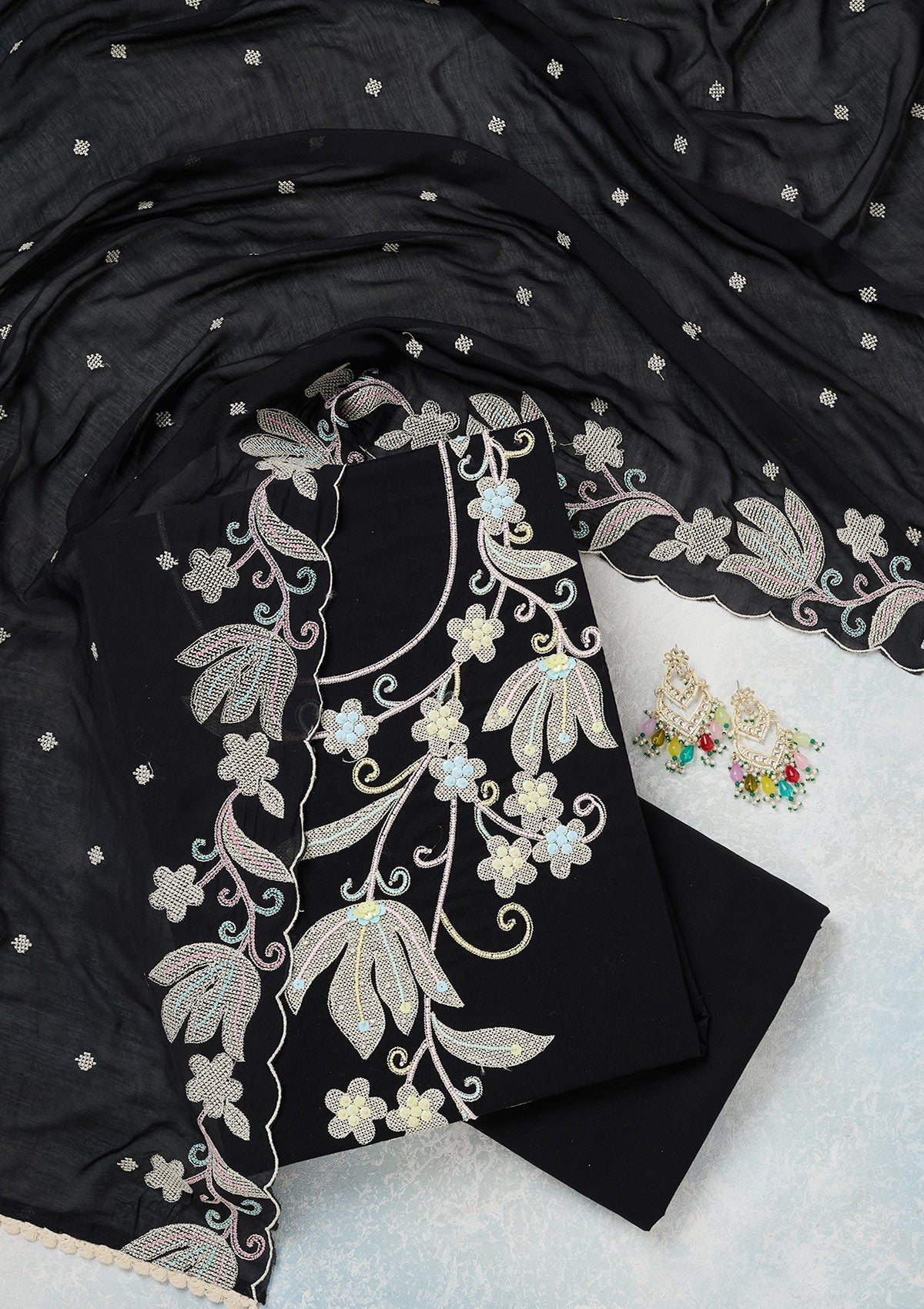 Black Threadwork Cotton Unstitched Salwar Suit