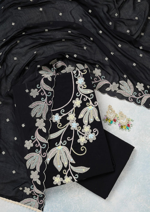 Black Threadwork Cotton Unstitched Salwar Suit