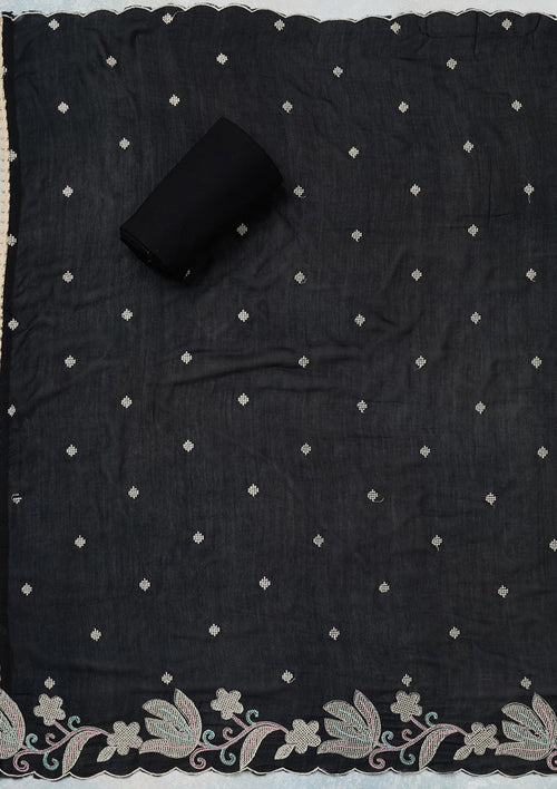 Black Threadwork Cotton Unstitched Salwar Suit