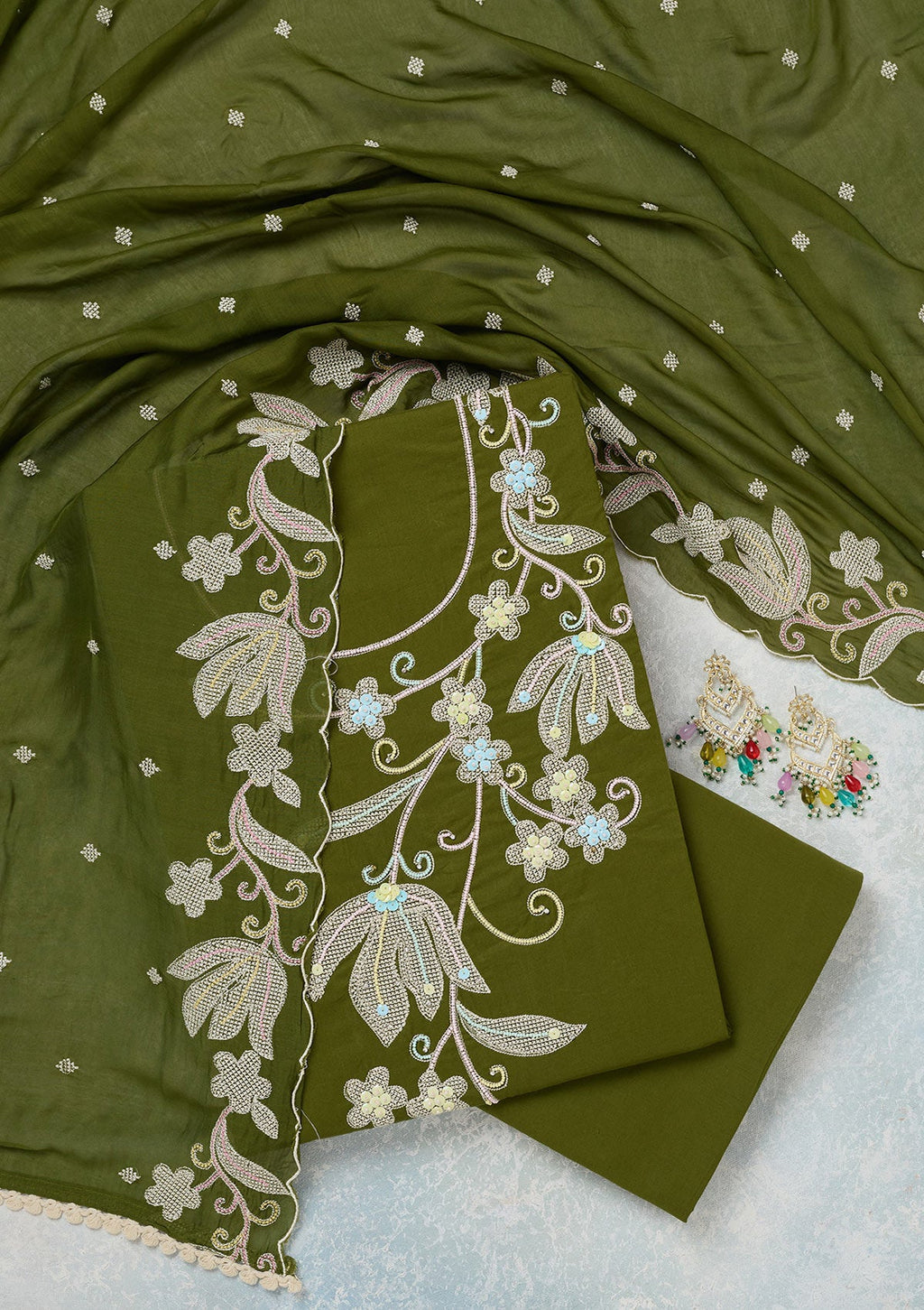Leaf Green Threadwork Cotton Unstitched Salwar Suit