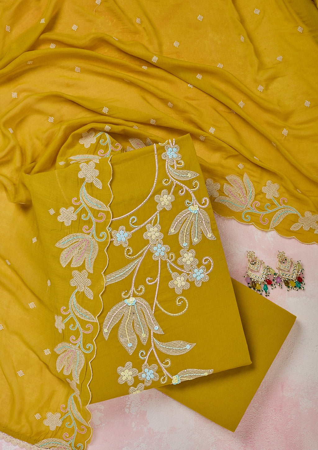 Yellow Threadwork Cotton Unstitched Salwar Suit