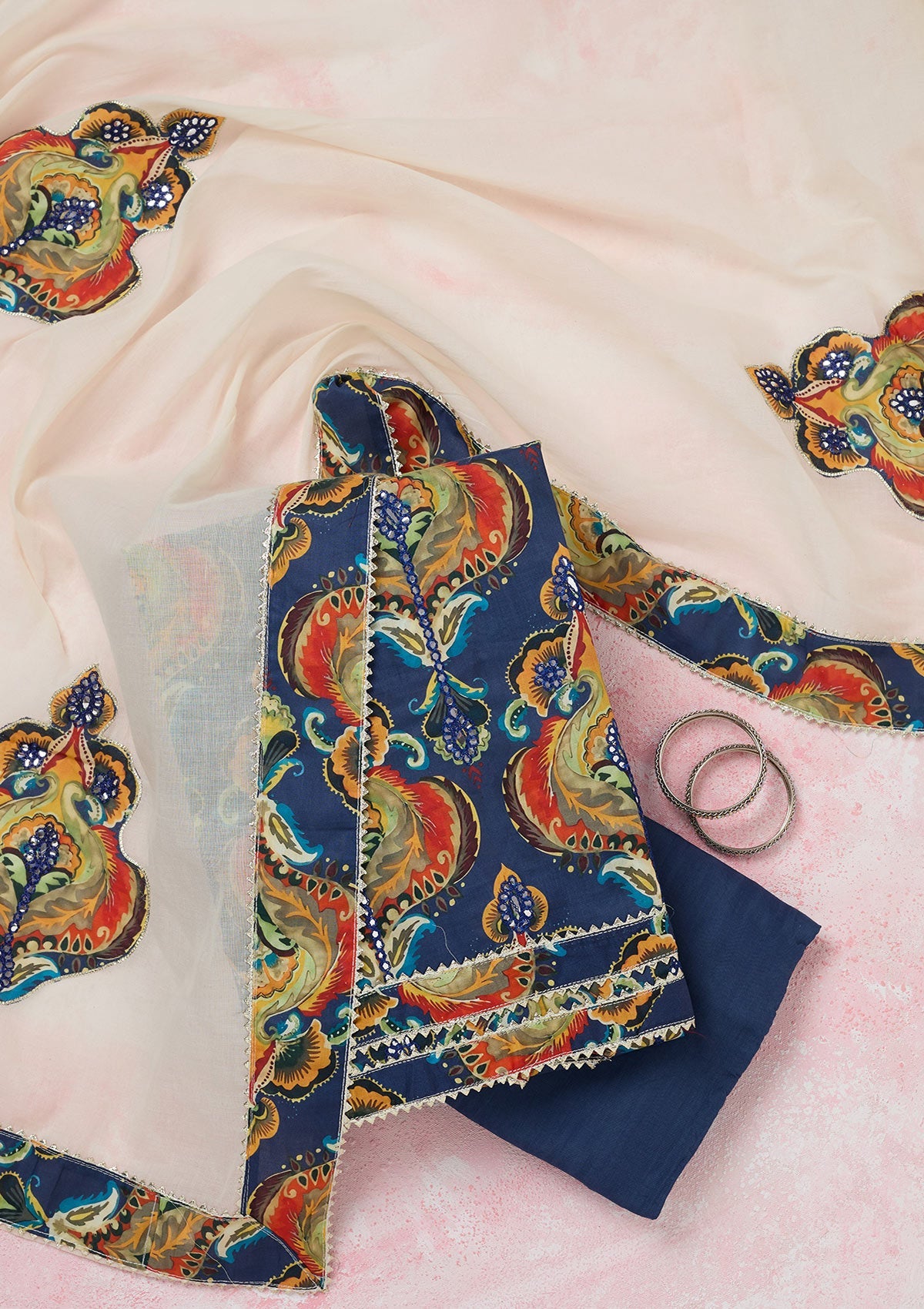 Peacock Blue Threadwork Cotton Unstitched Salwar Suit