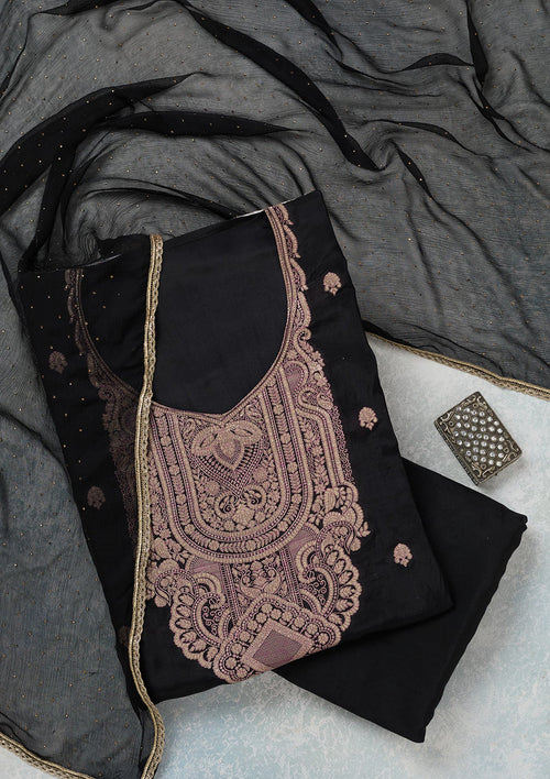 Black Threadwork Semi Crepe Unstitched Salwar Suit