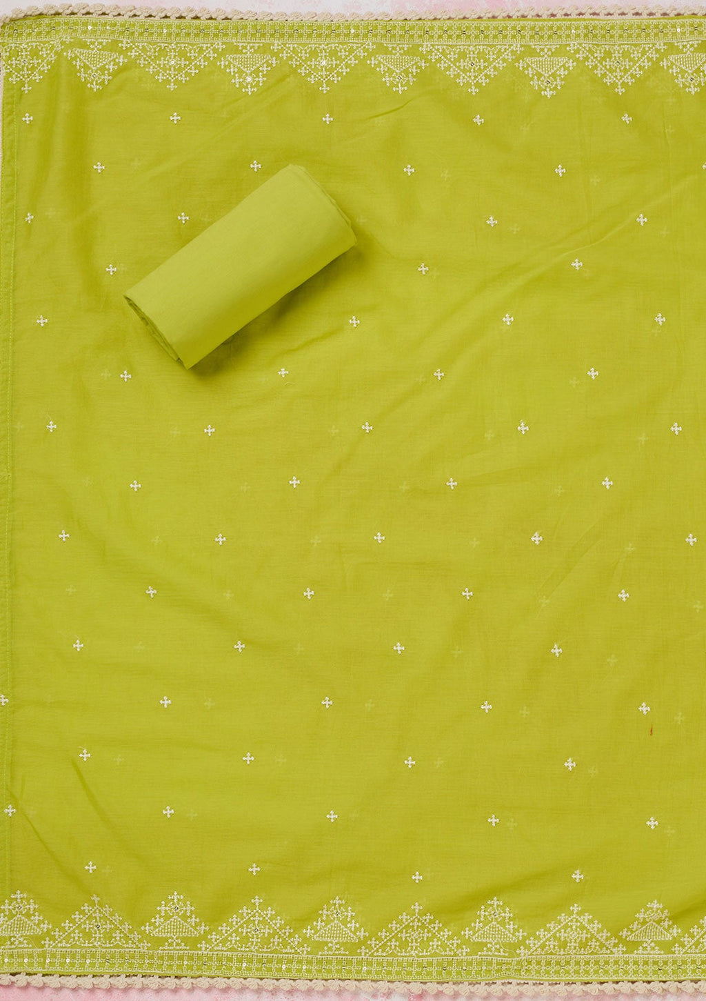 Lime Green Threadwork Semi Crepe Unstitched Salwar Suit