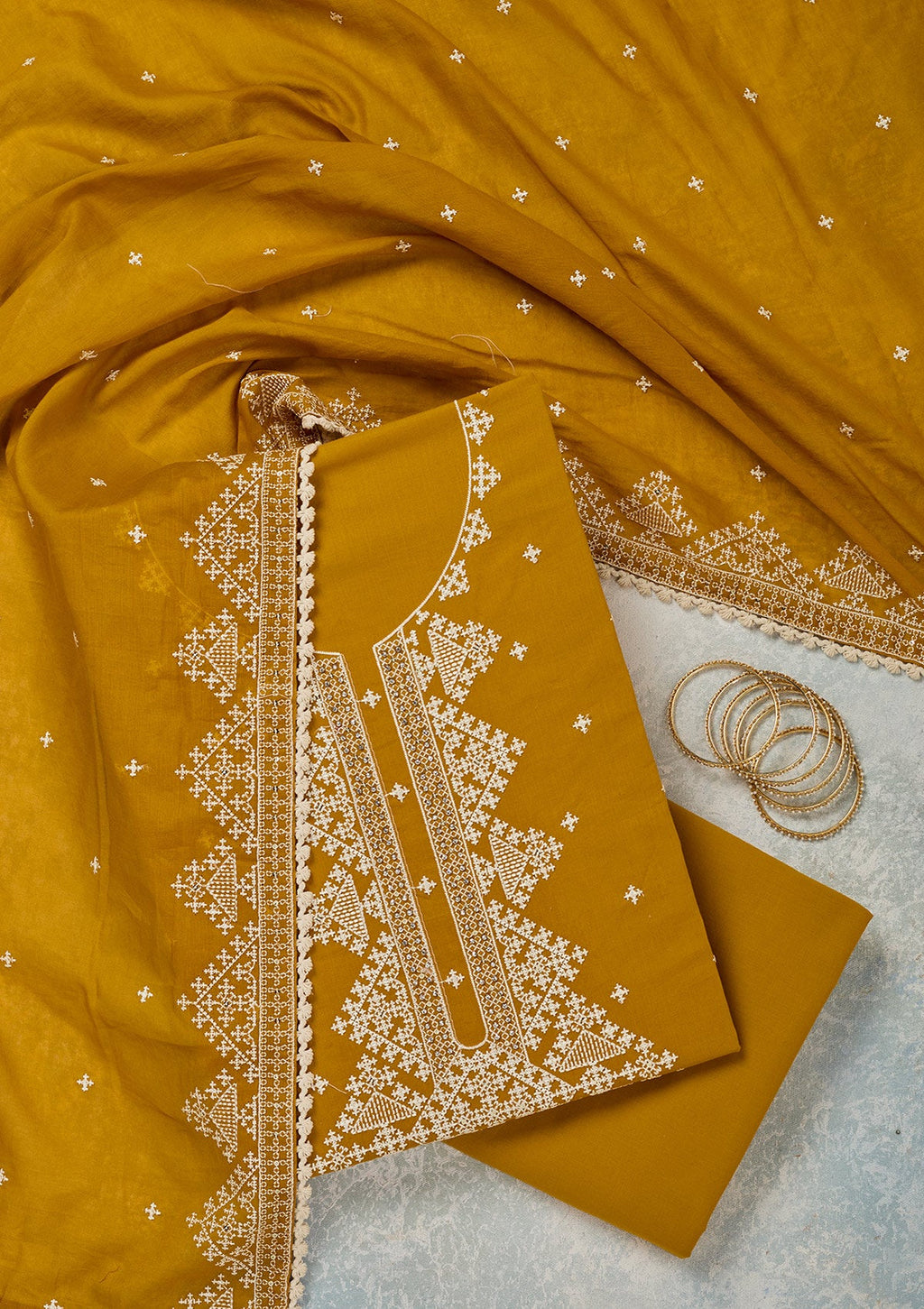 Mustard Threadwork Semi Crepe Unstitched Salwar Suit
