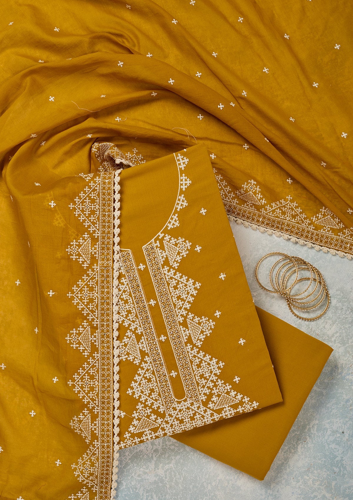 Mustard Threadwork Semi Crepe Unstitched Salwar Suit