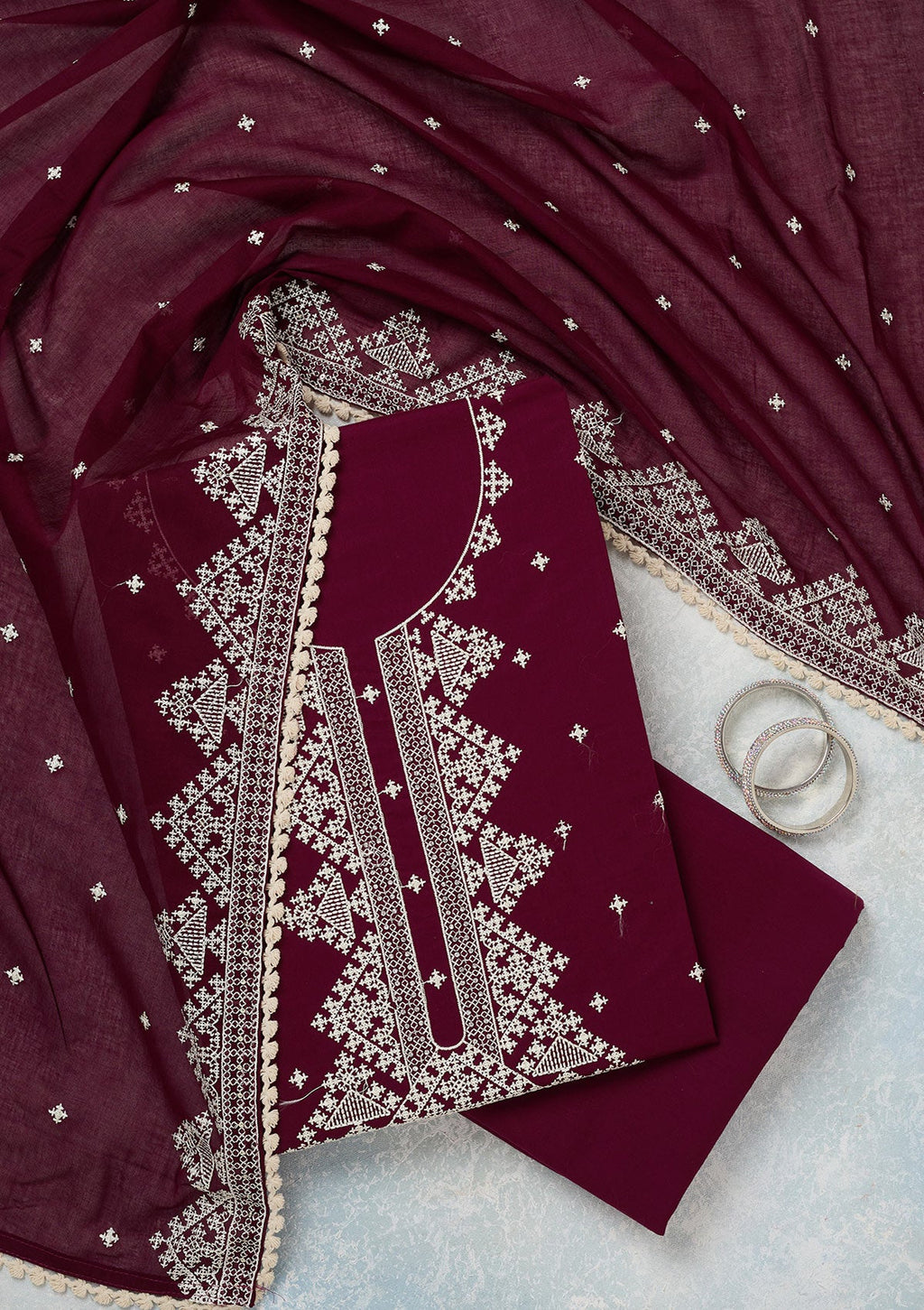 Wine Threadwork Semi Crepe Unstitched Salwar Suit