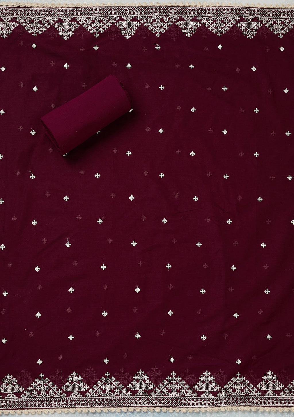 Wine Threadwork Semi Crepe Unstitched Salwar Suit