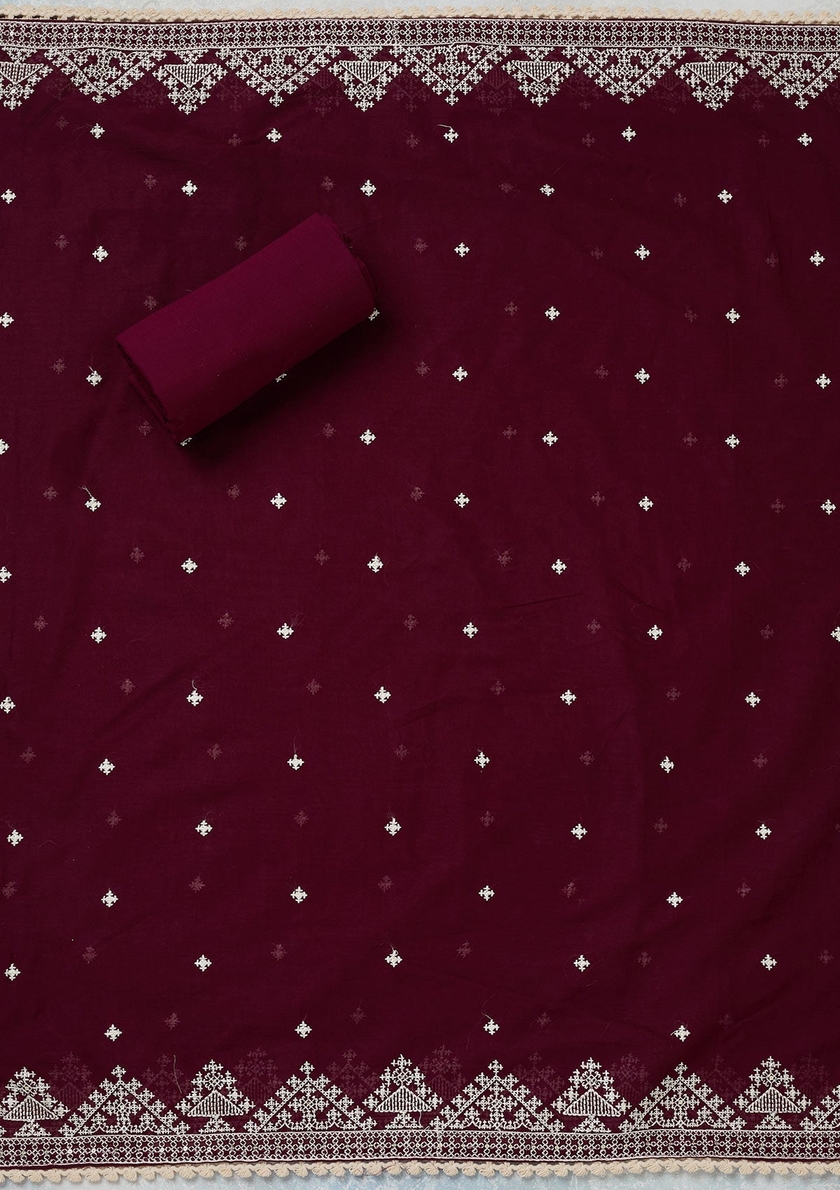 Wine Threadwork Semi Crepe Unstitched Salwar Suit