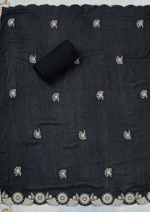 Black Threadwork Cotton Unstitched Salwar Suit