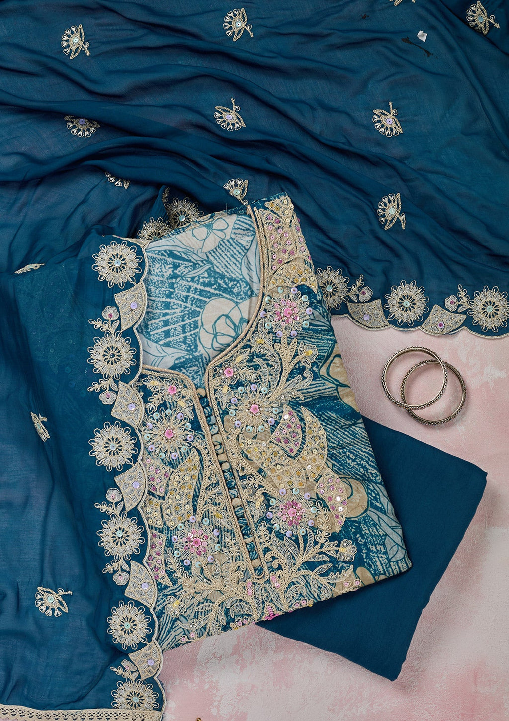 Peacock Blue Threadwork Cotton Unstitched Salwar Suit
