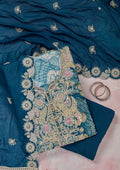 Peacock Blue Threadwork Cotton Unstitched Salwar Suit