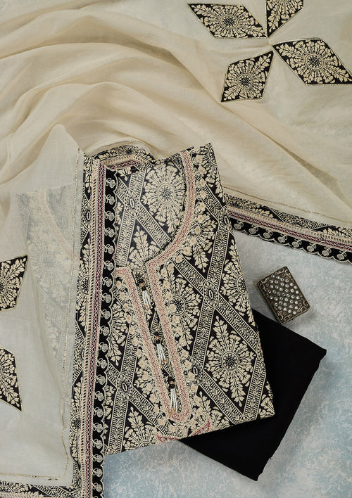 Cream Threadwork Cotton Unstitched Salwar Suit
