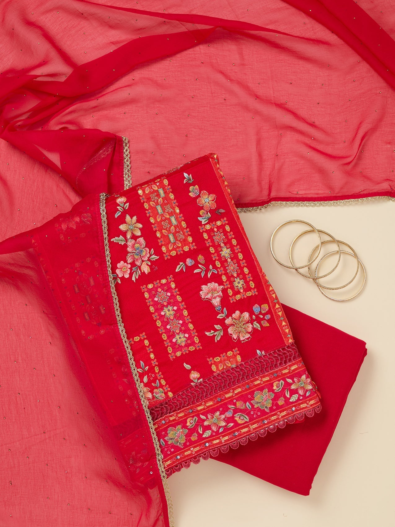 Red Threadwork Georgette Unstitched Salwar Suit