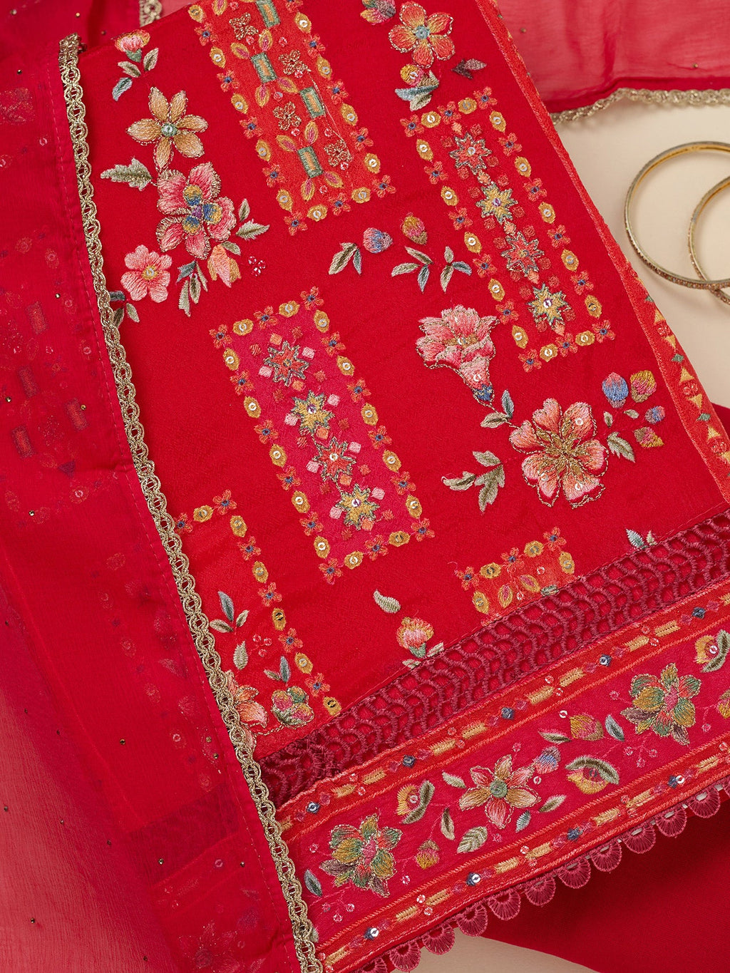 Red Threadwork Georgette Unstitched Salwar Suit