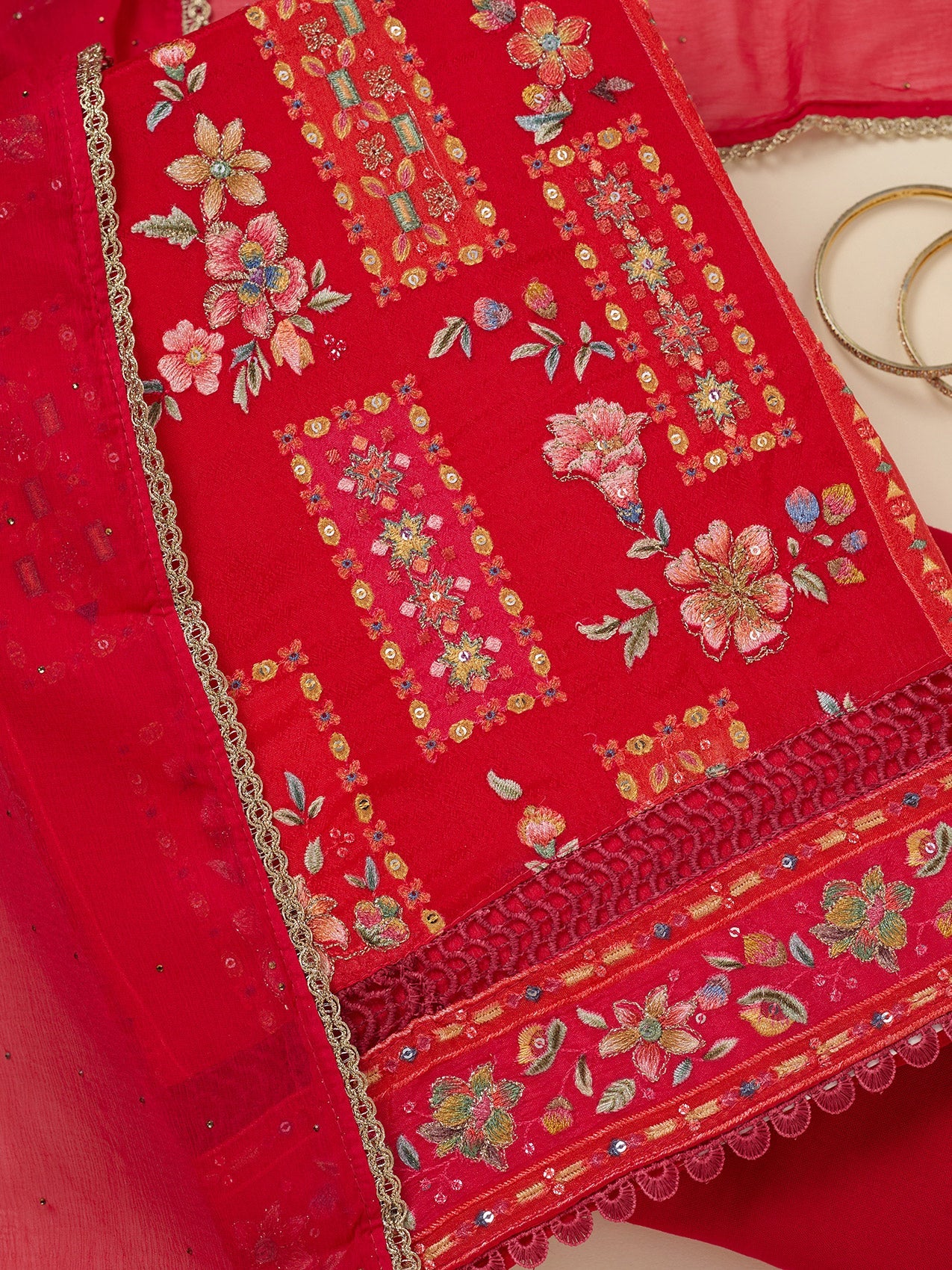 Red Threadwork Georgette Unstitched Salwar Suit