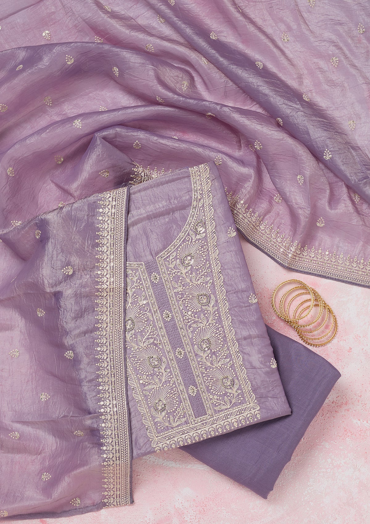 Lavender Threadwork Semi Crepe Unstitched Salwar Suit