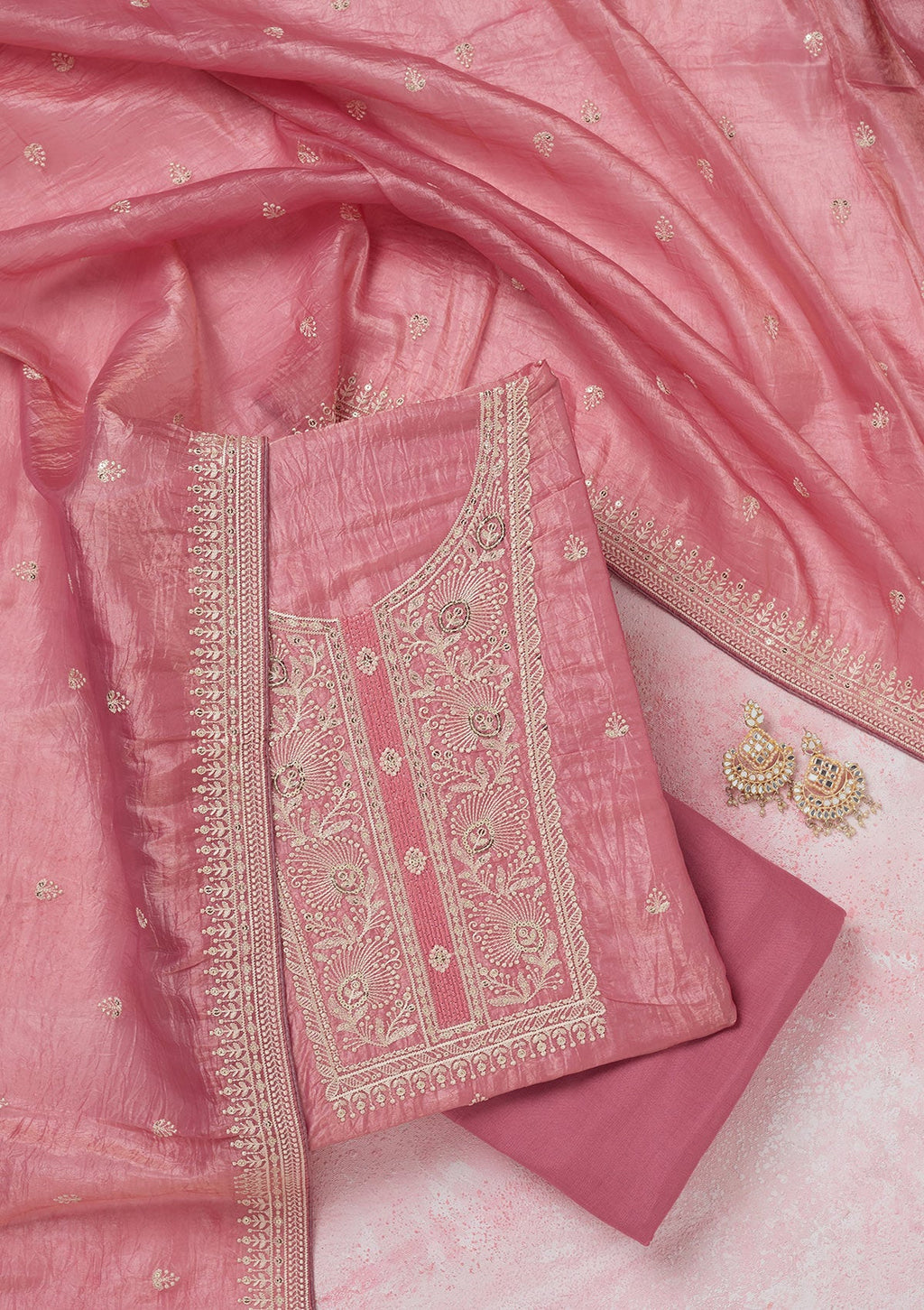 Pink Threadwork Semi Crepe Unstitched Salwar Suit