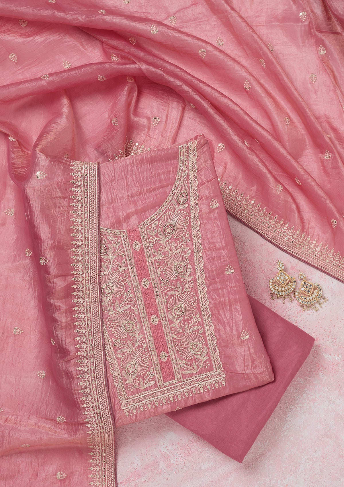 Pink Threadwork Semi Crepe Unstitched Salwar Suit