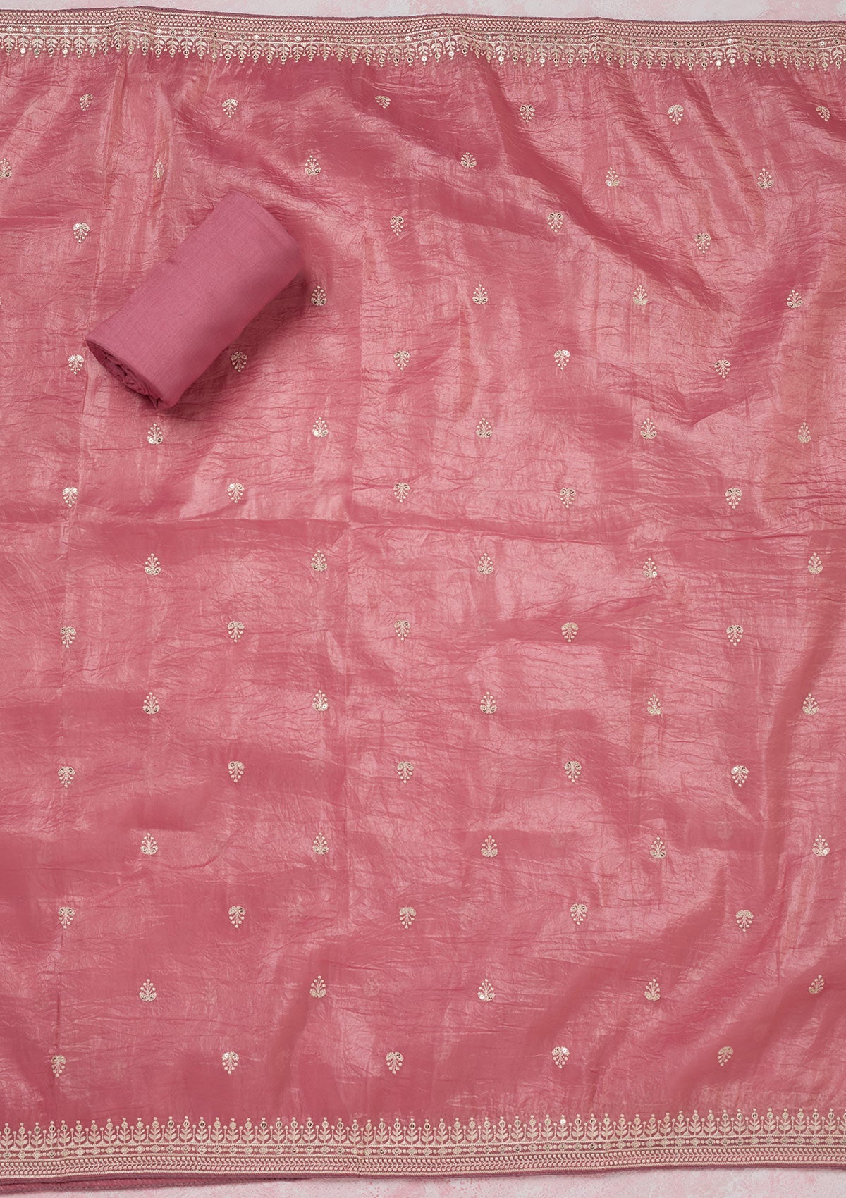 Pink Threadwork Semi Crepe Unstitched Salwar Suit