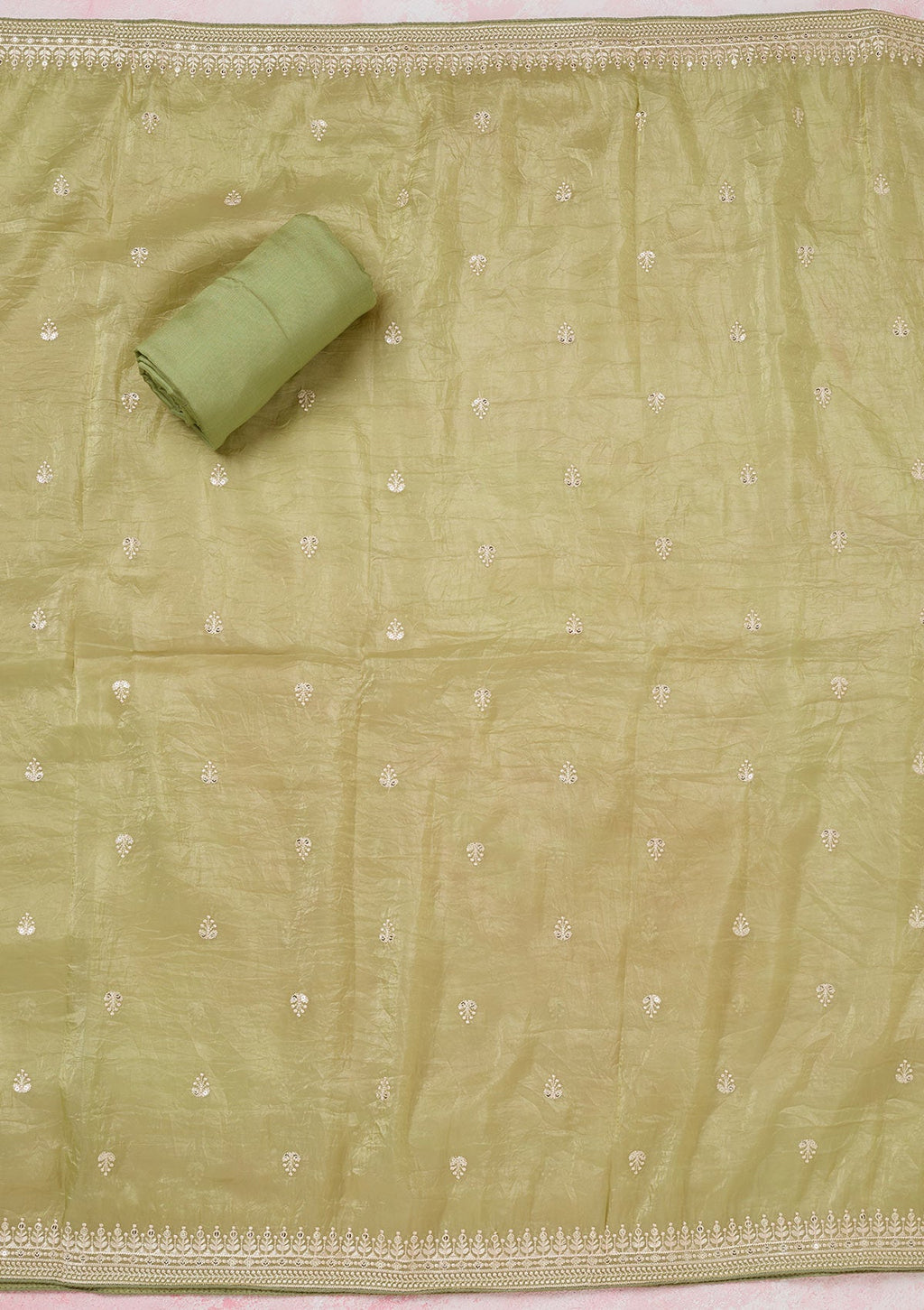 Pista Green Threadwork Semi Crepe Unstitched Salwar Suit