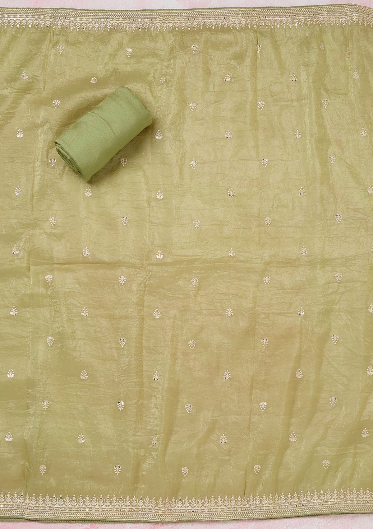 Pista Green Threadwork Semi Crepe Unstitched Salwar Suit