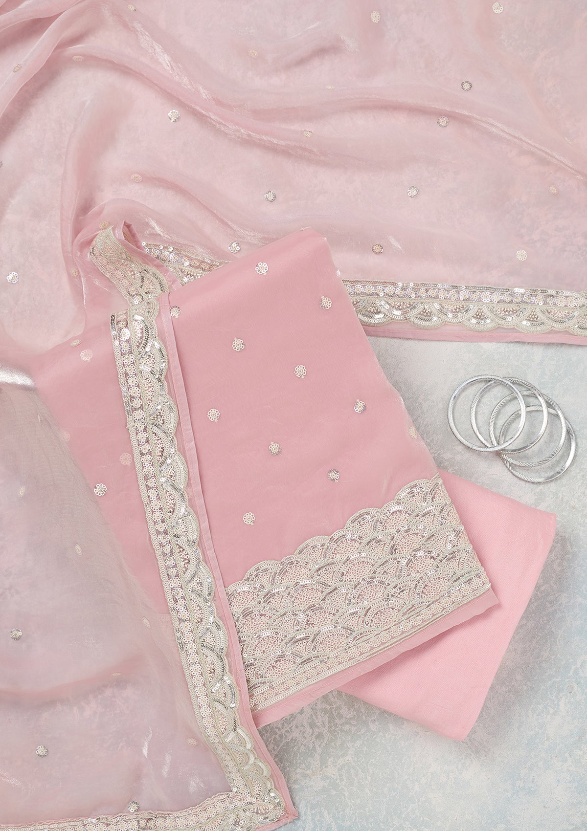 Pink Sequins Tissue Unstitched Salwar Suit
