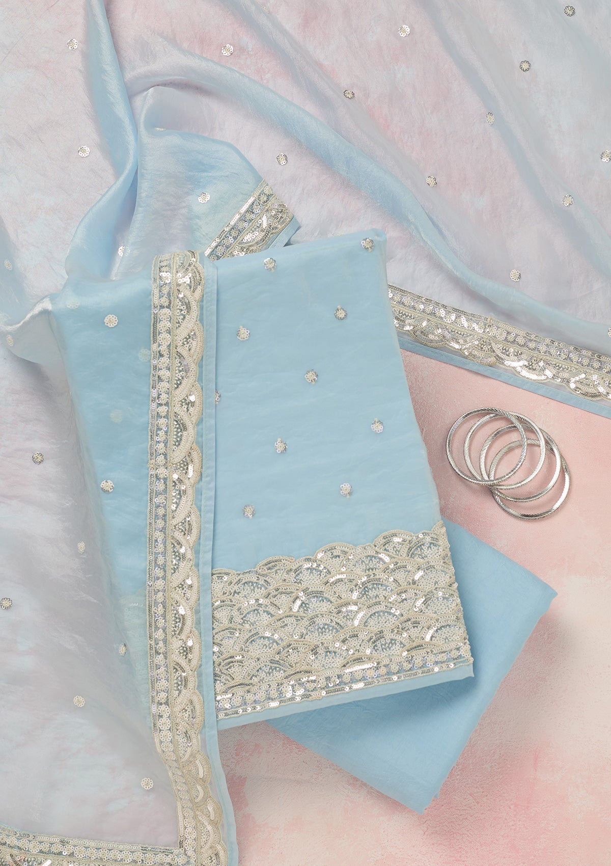 Sky Blue Sequins Tissue Unstitched Salwar Suit