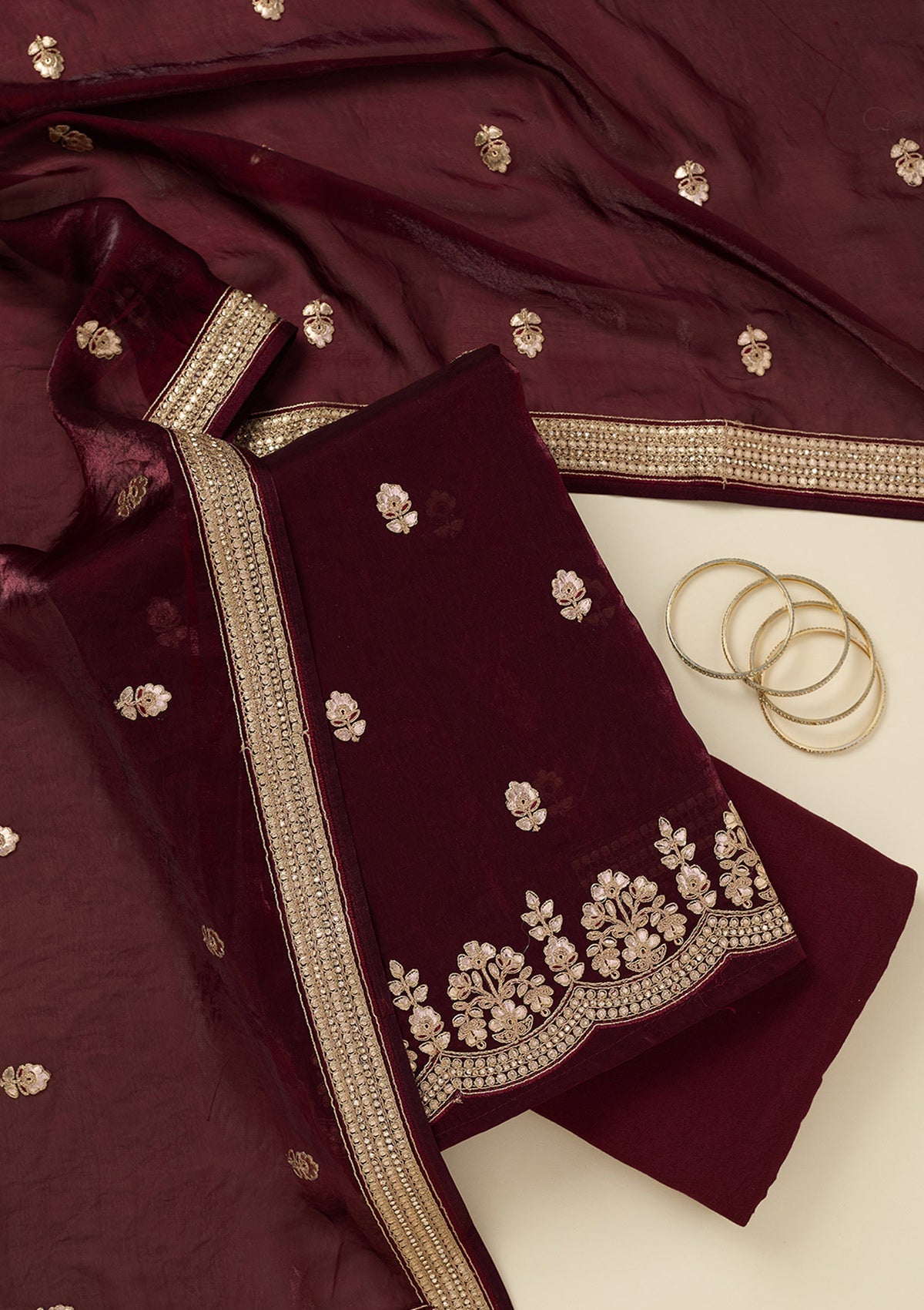 Dark Maroon Gotapatti Organza Unstitched Salwar Suit