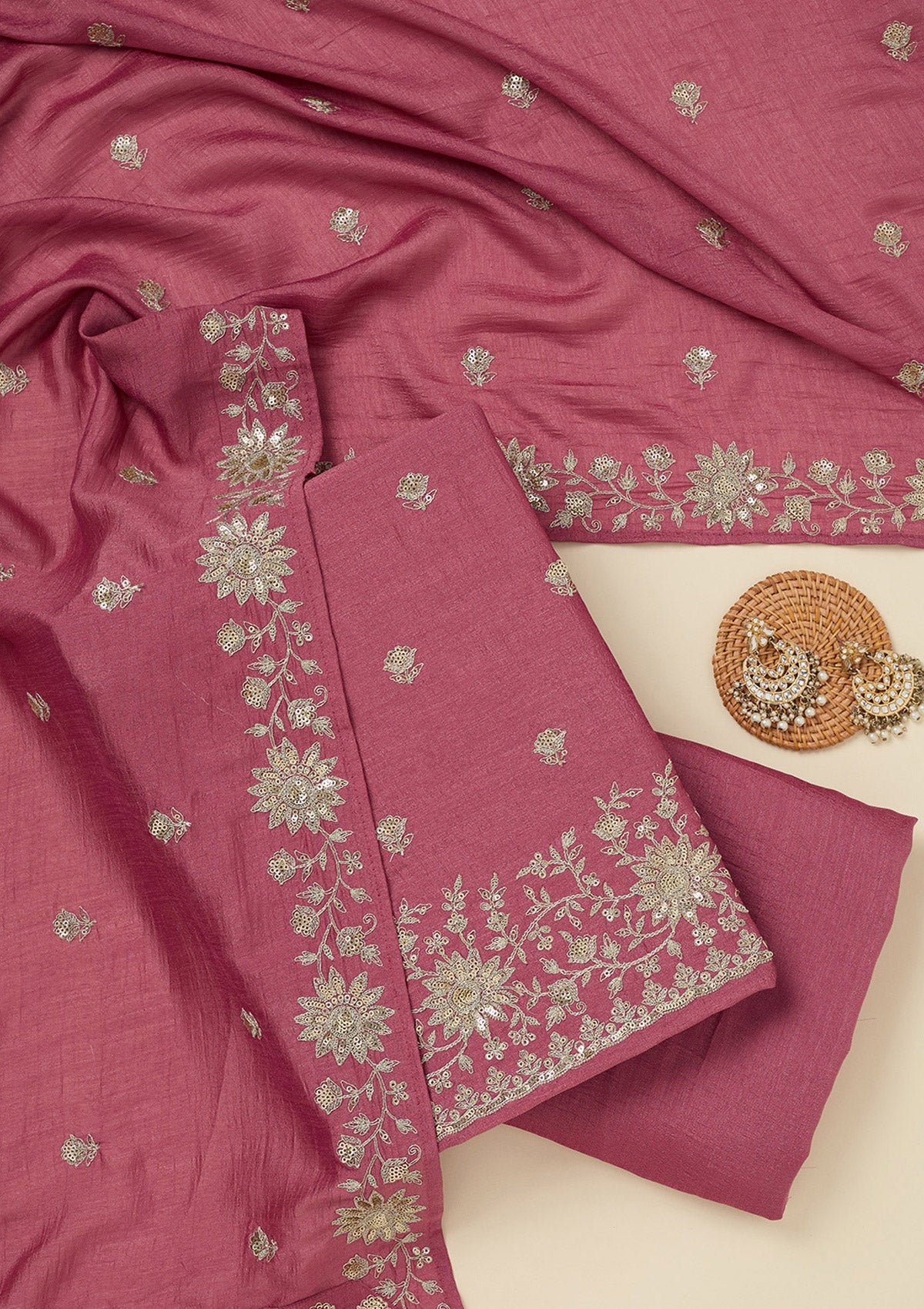 Onion Pink Zariwork (Silver) Soft Raw Silk Unstitched Salwar Suit