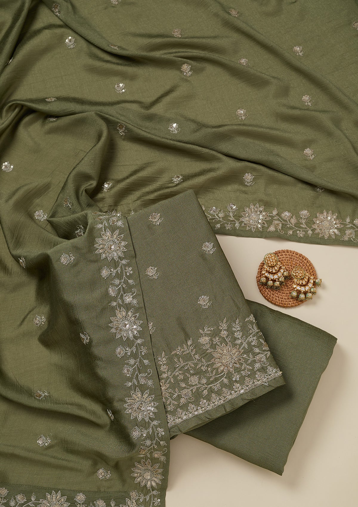 Pista Green Zariwork (Silver) Soft Raw Silk Unstitched Salwar Suit