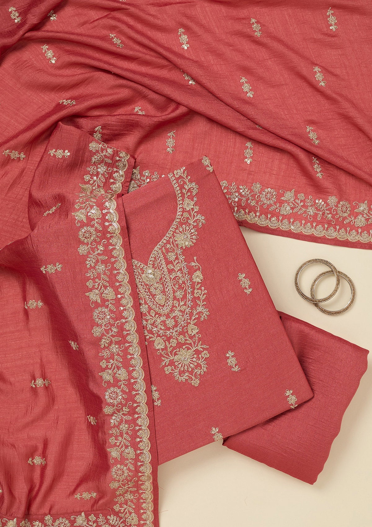 Rust Zariwork (Gold) Soft Raw Silk Unstitched Salwar Suit