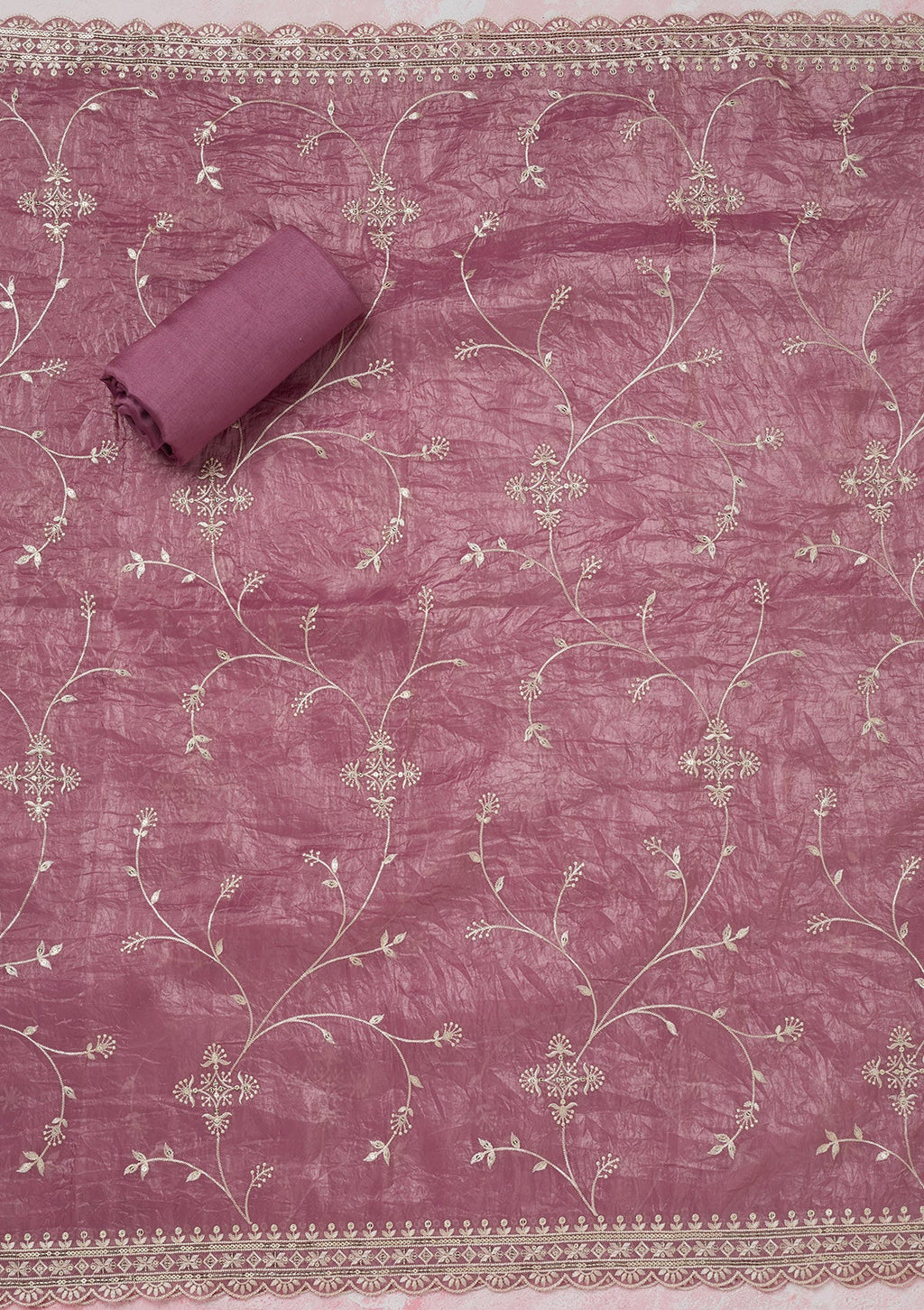 Onion Pink Threadwork Tissue Unstitched Salwar Suit