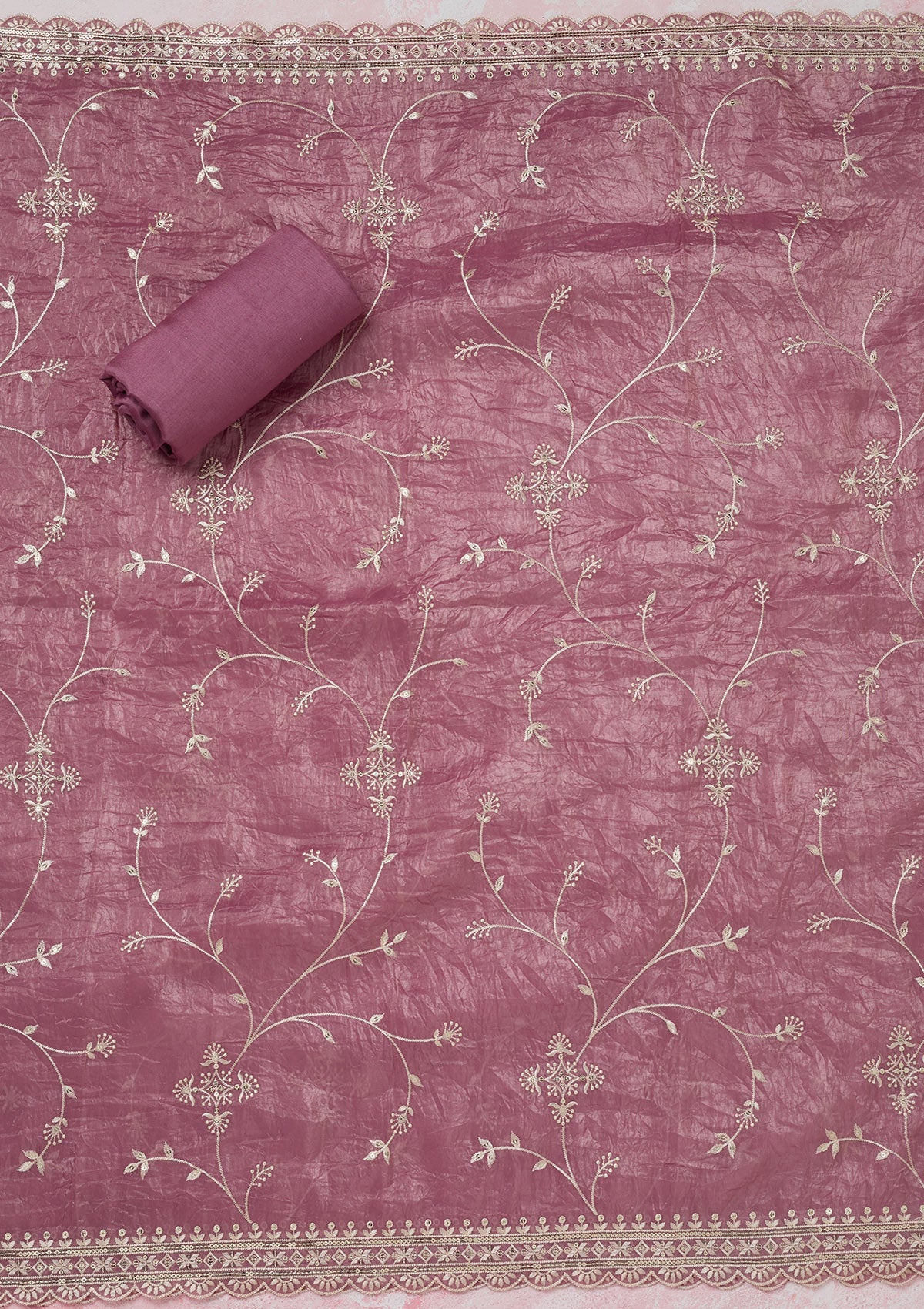 Onion Pink Threadwork Tissue Unstitched Salwar Suit