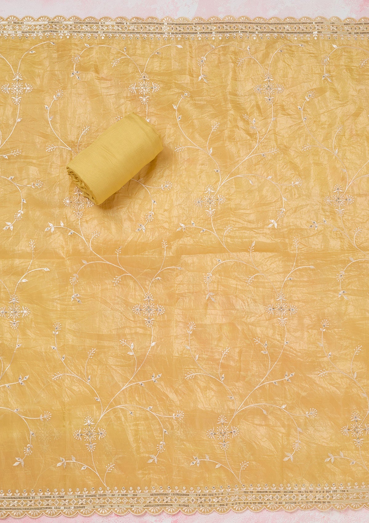 Yellow Threadwork Tissue Unstitched Salwar Suit