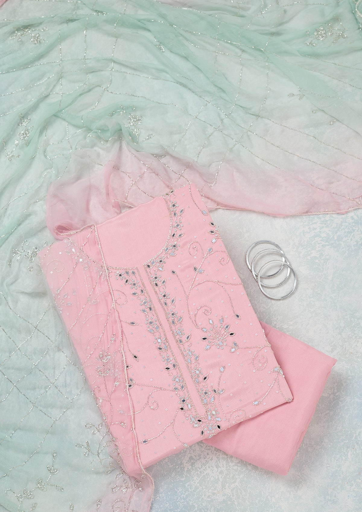 Pink Mirrorwork Georgette Unstitched Salwar Suit