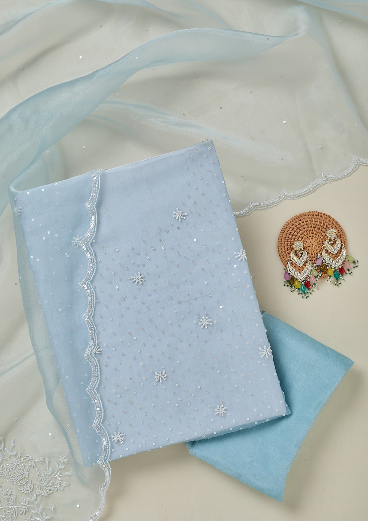 Sky Blue Cutdana Organza Unstitched Salwar Suit
