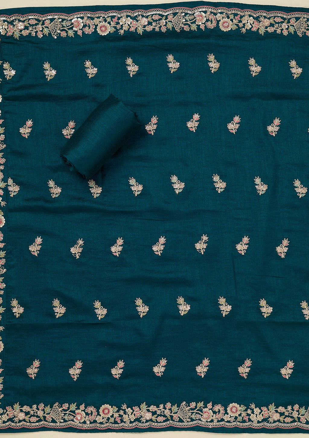 Peacock Blue Zariwork (Gold) Soft Raw Silk Unstitched Salwar Suit