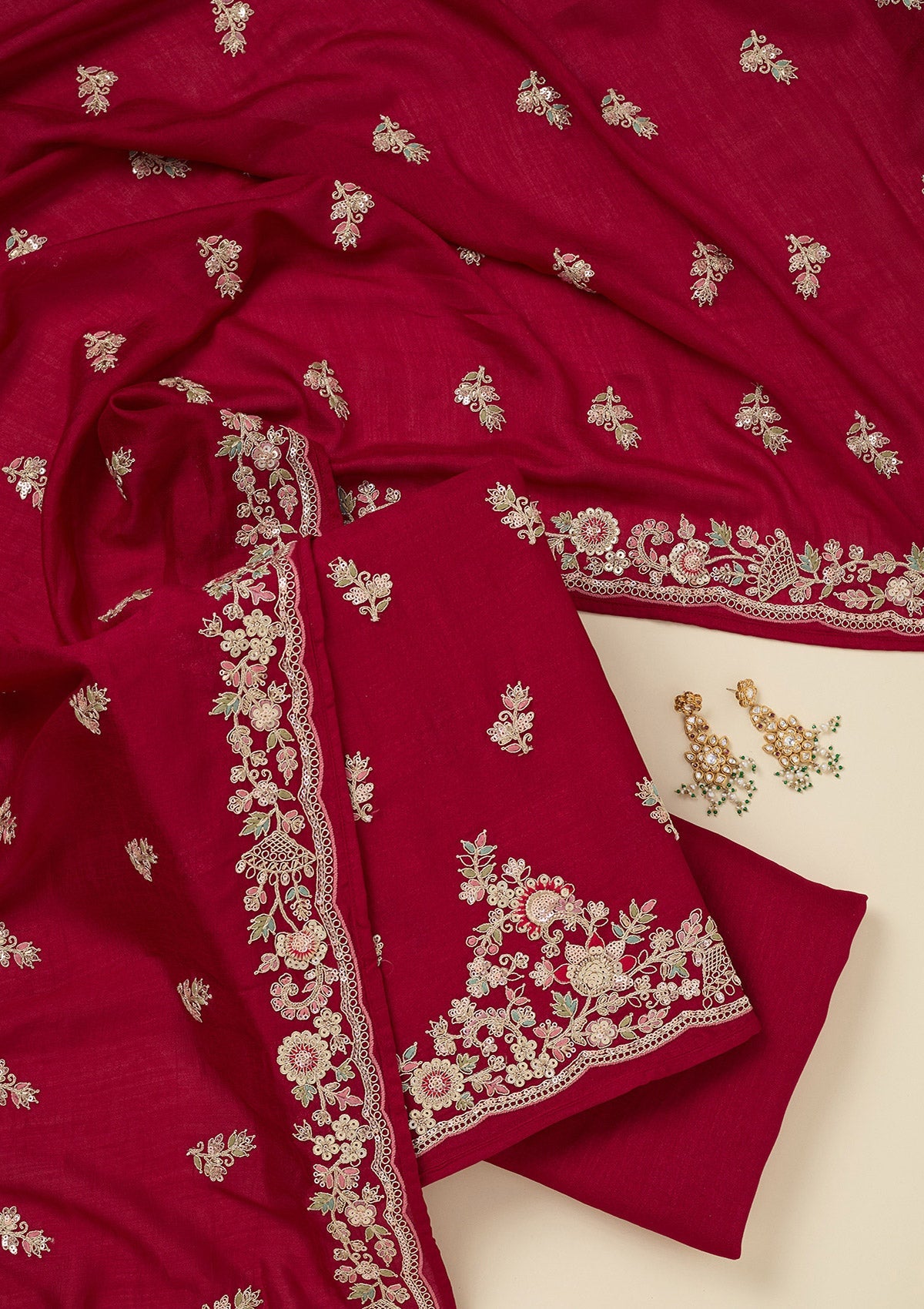 Rani Pink Zariwork (Gold) Soft Raw Silk Unstitched Salwar Suit
