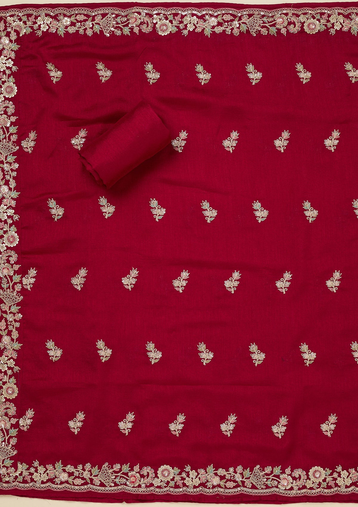 Rani Pink Zariwork (Gold) Soft Raw Silk Unstitched Salwar Suit