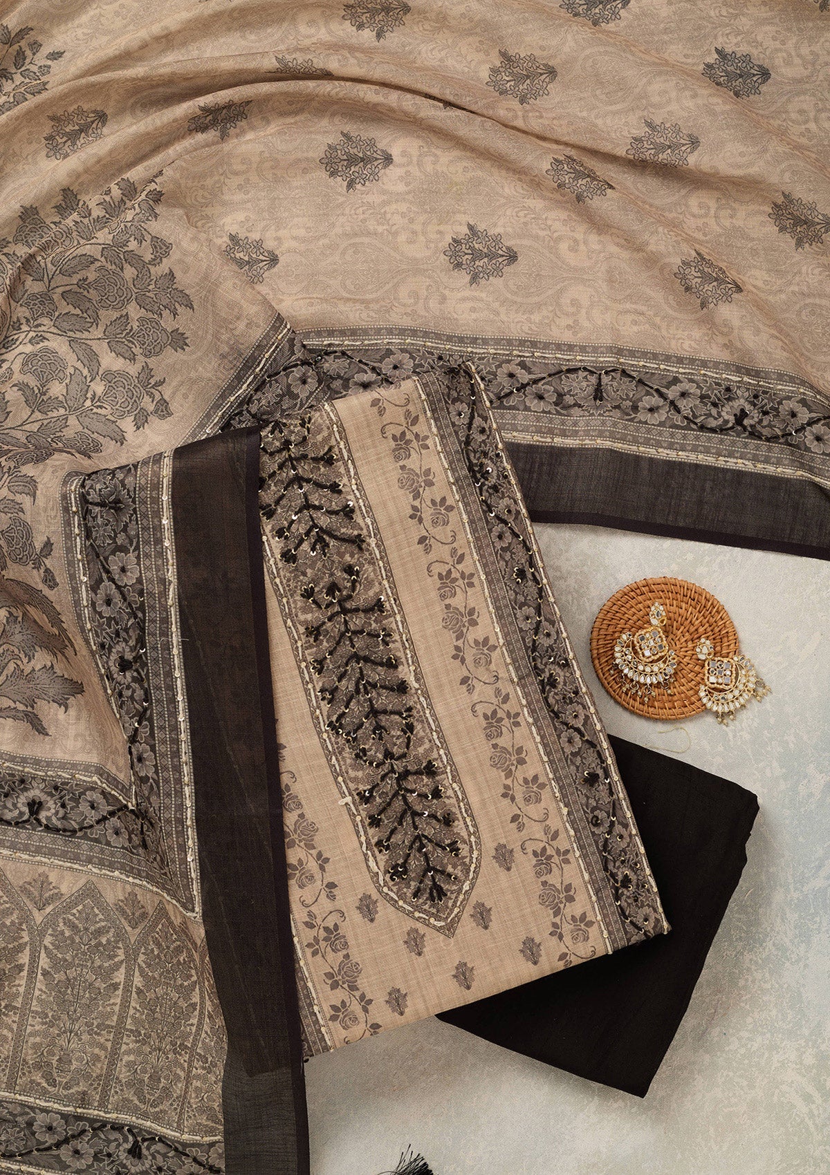 Beige Threadwork Chanderi Unstitched Salwar Suit
