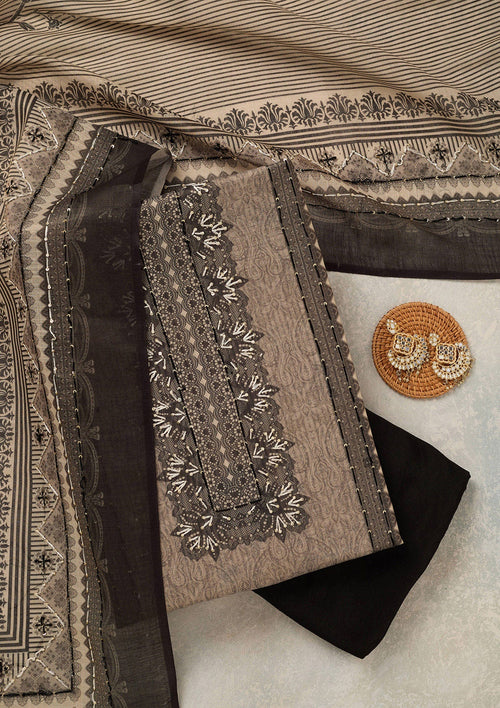 Beige Threadwork Chanderi Unstitched Salwar Suit