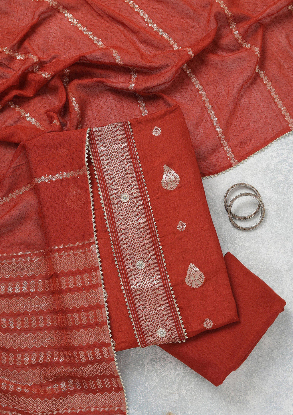 Rust Zariwork (Gold) Dola Silk Unstitched Salwar Suit