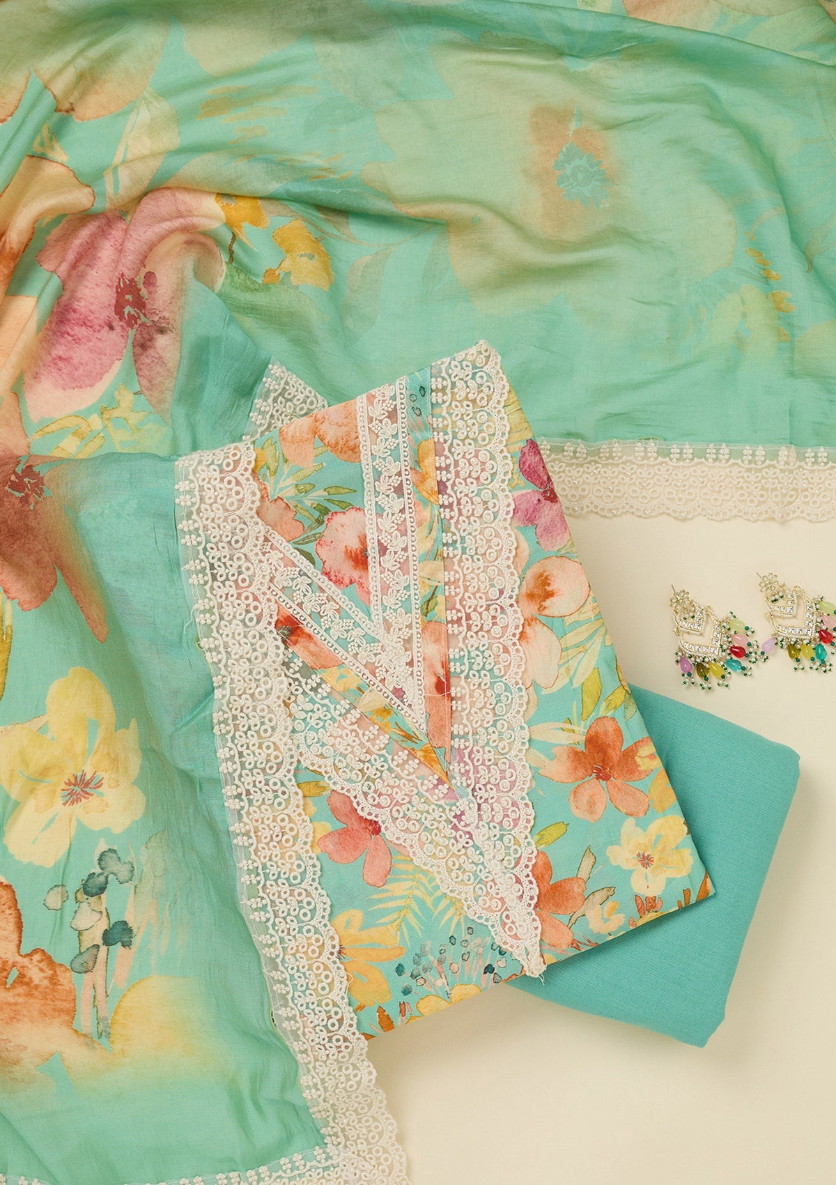 Sea Green Threadwork Semi Crepe Unstitched Salwar Suit